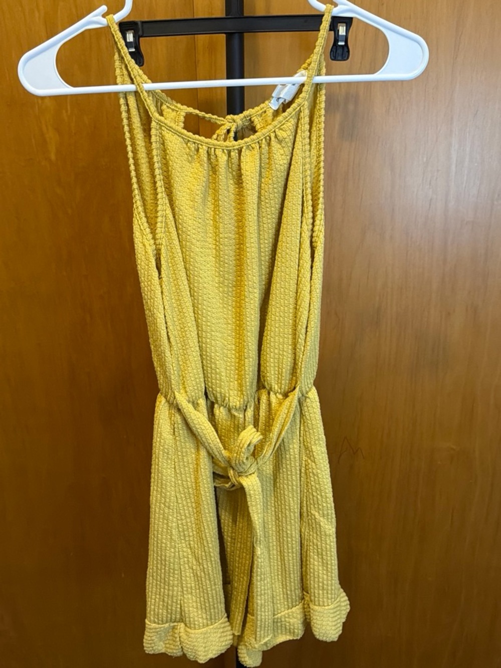 Caution To The Wind Mustard Yellow Textured Sleeveless Romper with Tie Waist